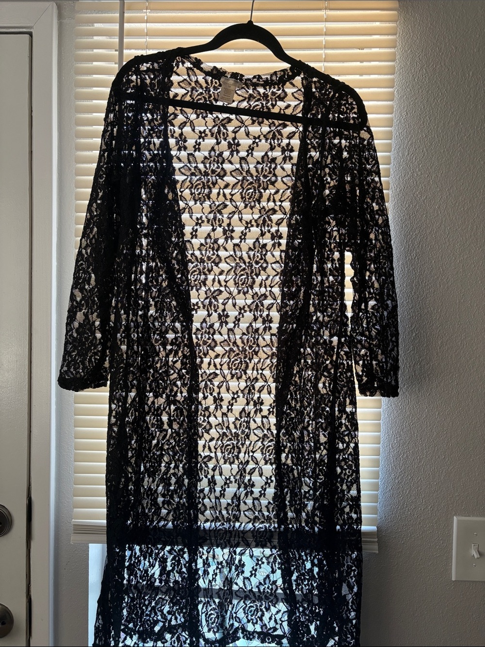 NYC Black Floral Lace Long Kimono Cover-Up